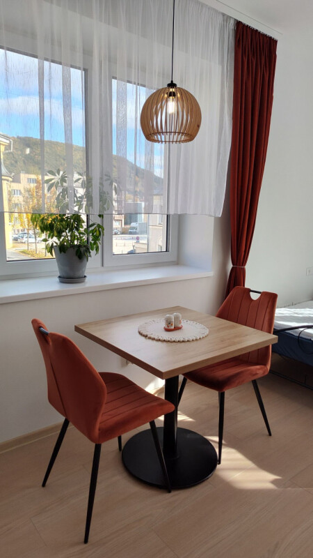 Dinning table and comfortable chairs, with view